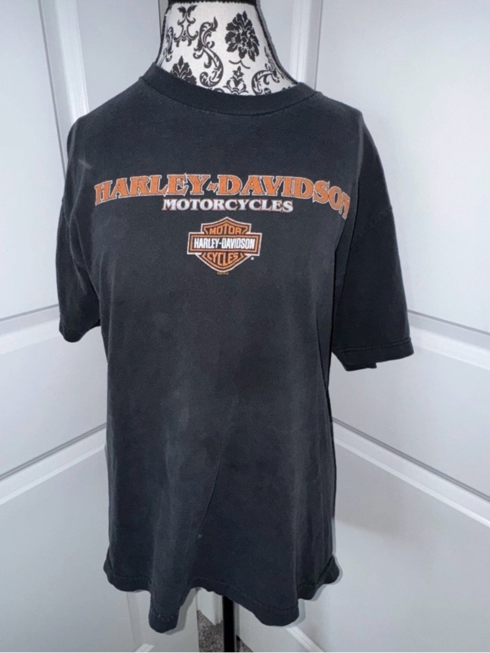 Faded vintage Harley-Davidson Black Tee with Orange Logo Vacaville, California
